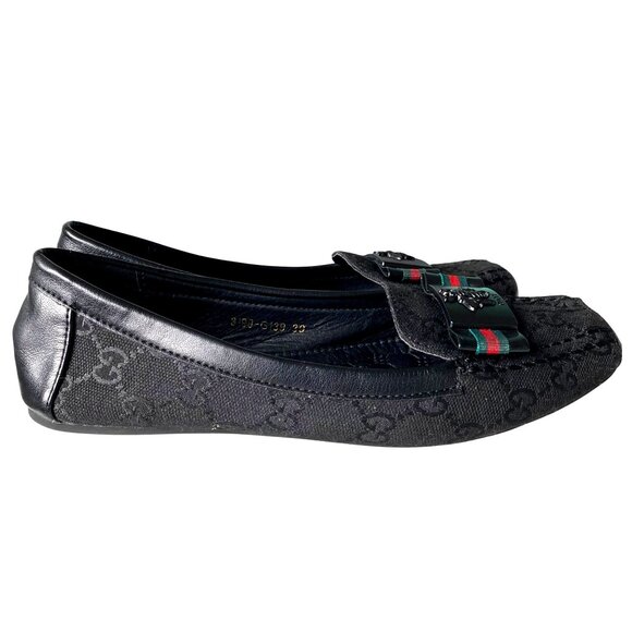 Gucci Black Canvas Leather Loafers Bow with Bees Women's Sz 39 Designer Luxury - Picture 5 of 13